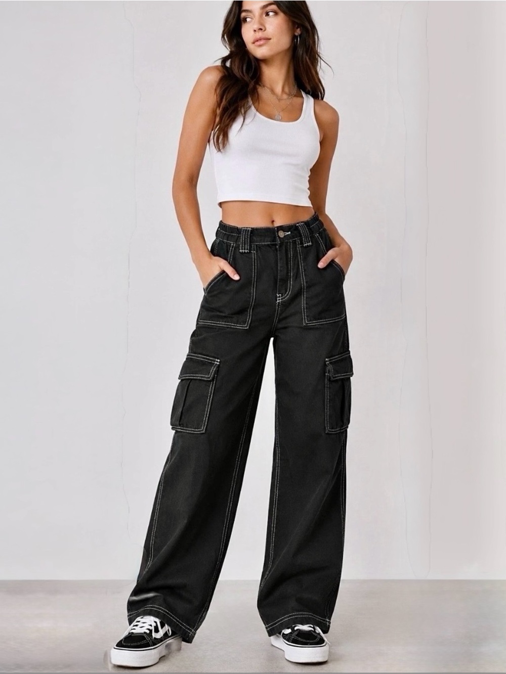 Urban Outfitters BDG Y2K Cargo Black Contrast Stitch Wide Leg Pants, Small